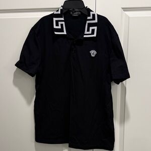 Versace Black Polo with White Greek Key Collar